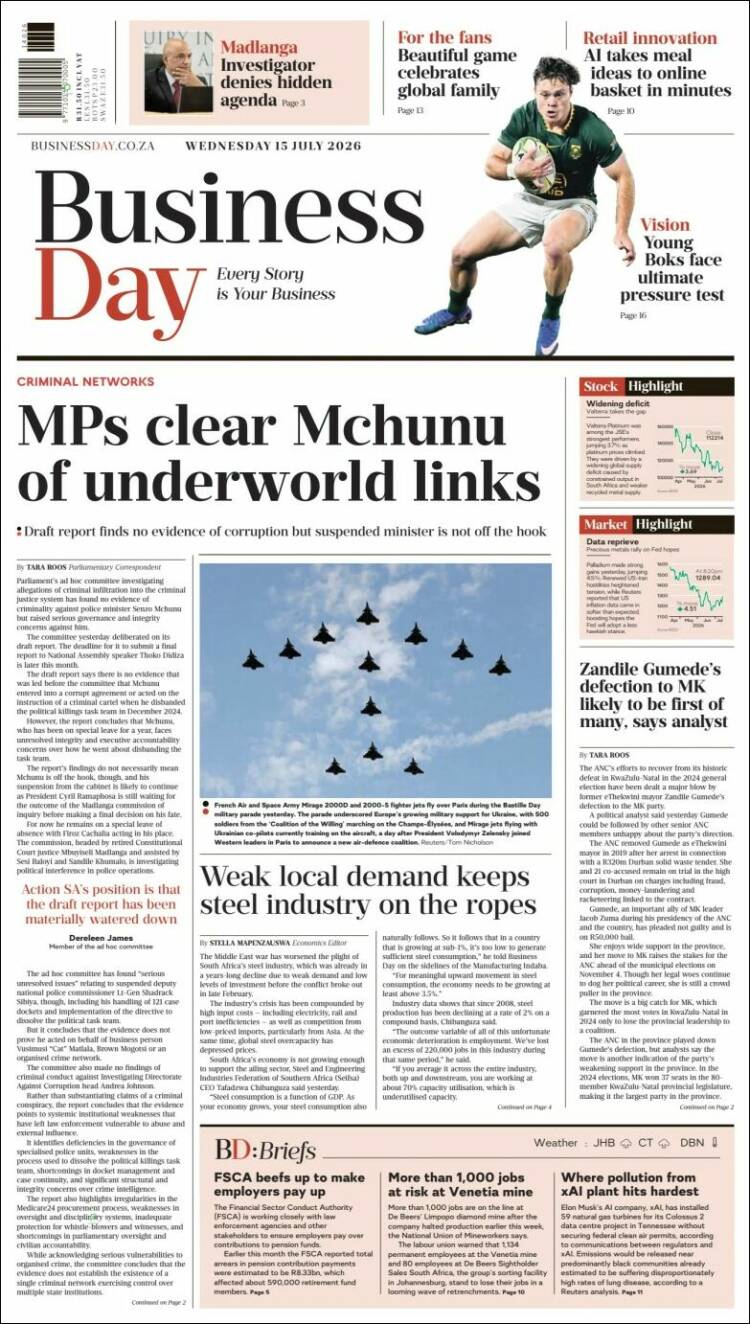 Portada de Business Day (Sud&aacute;frica)