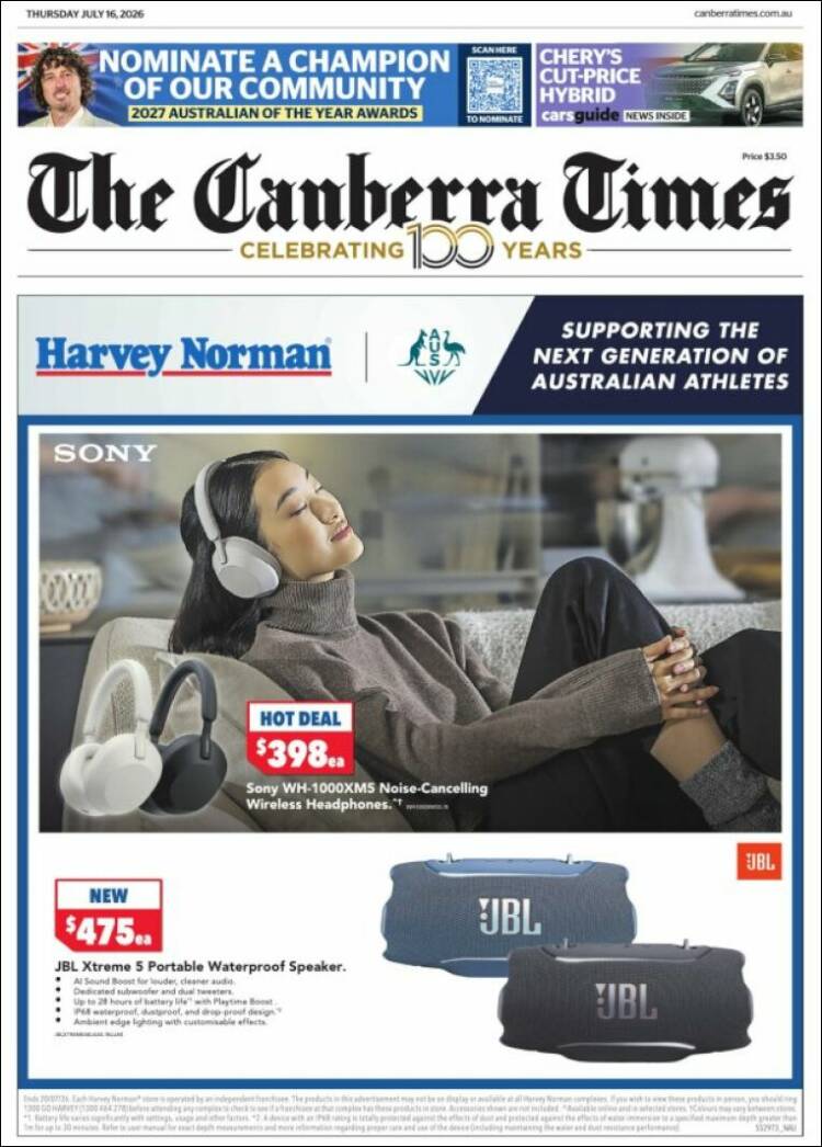 Portada de The Canberra Times (Australia)