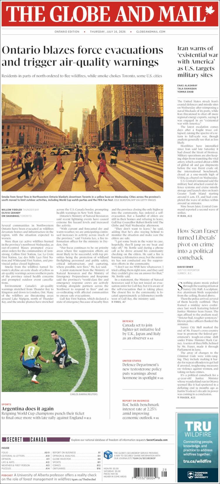 Portada de The Globe and Mail (Canad&aacute;)