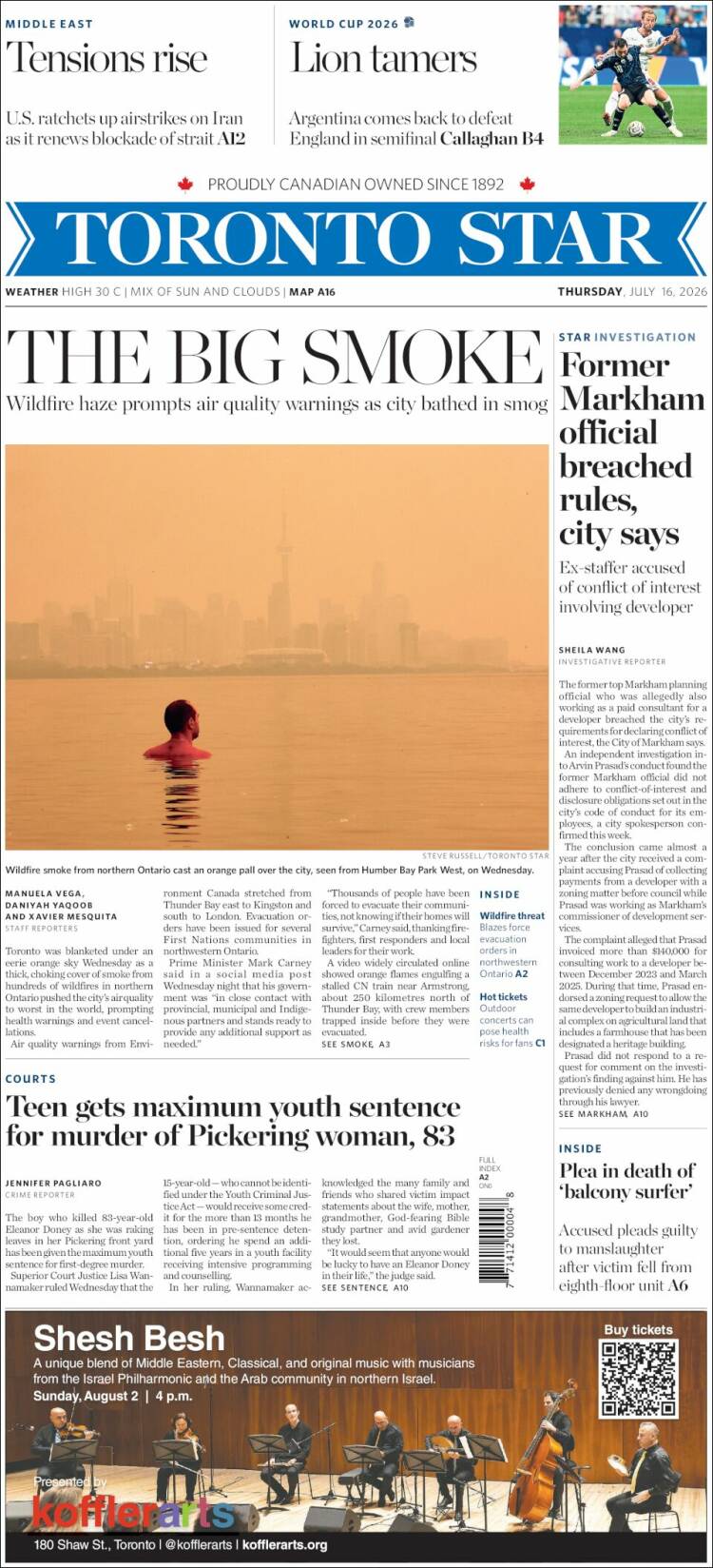 Portada de The Toronto Star (Canad&aacute;)