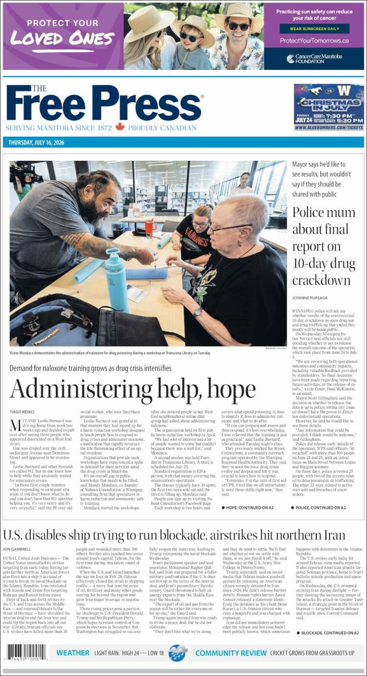 Portada de Winnipeg Free Press (Canad&aacute;)