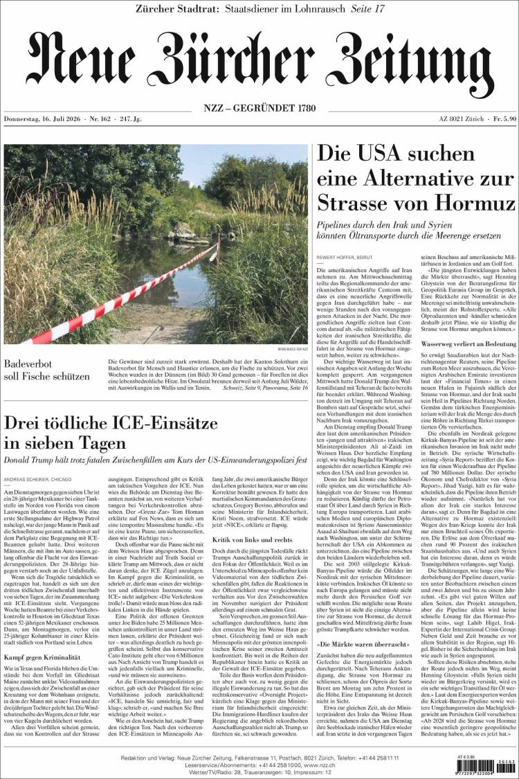 Portada de Neue Zürcher Zeitung (Suiza)