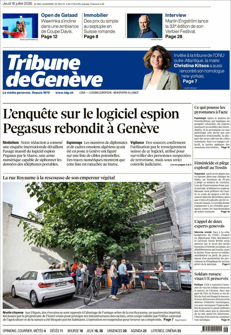 Portada de La Tribune de Genève (Suiza)