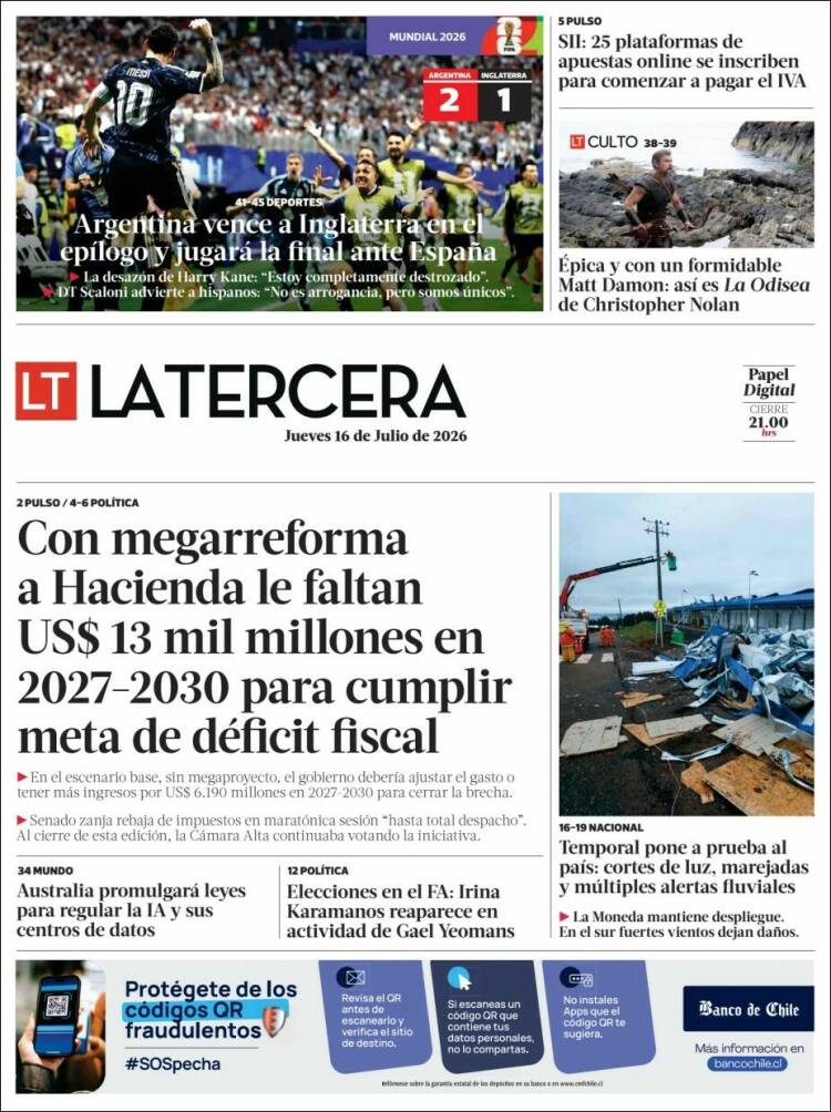 Portada de La Tercera (Chile)