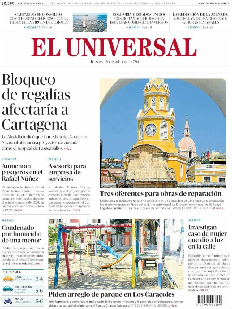 Portada de El Universal (Colombia)