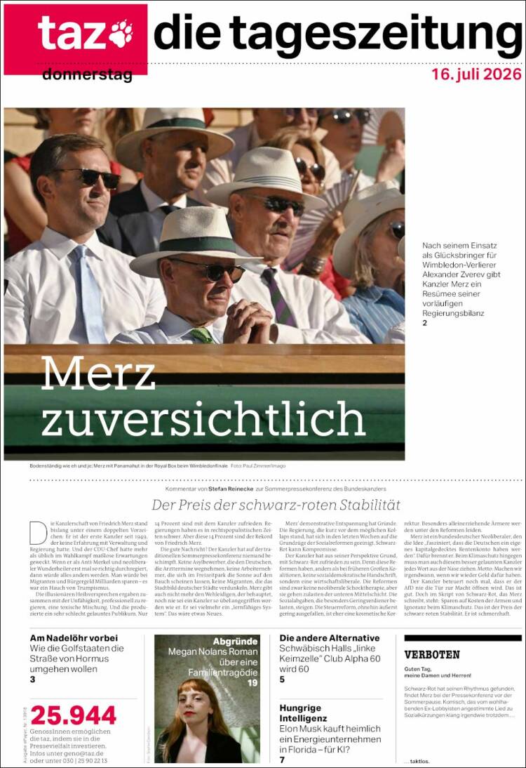 Portada de Die Tageszeitung (Alemania)