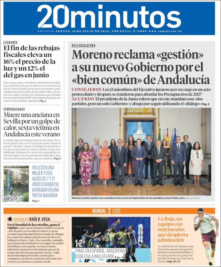 Portada de 20 Minutos - Sevilla (Espa&ntilde;a)