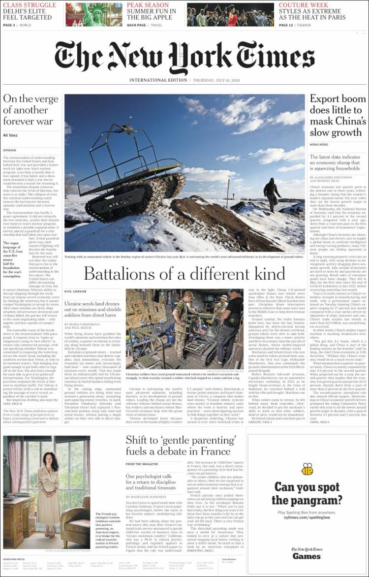 Portada de International New York Times (Europa)