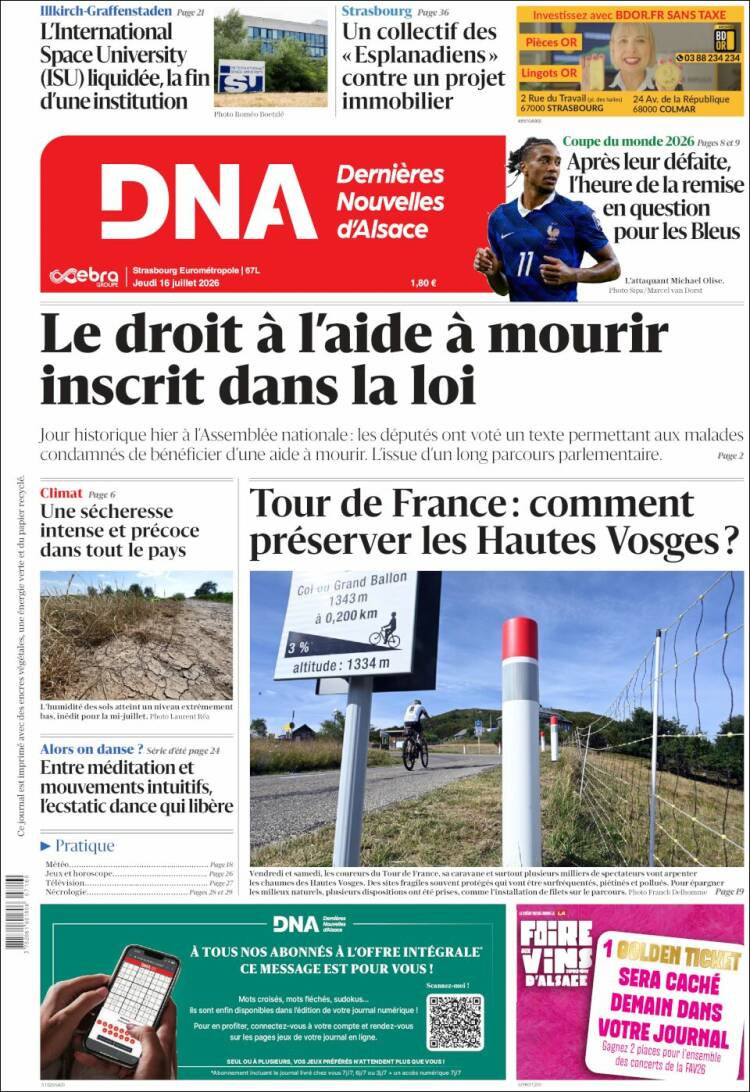 Portada de Les Dernières Nouvelles d'Alsace (Francia)