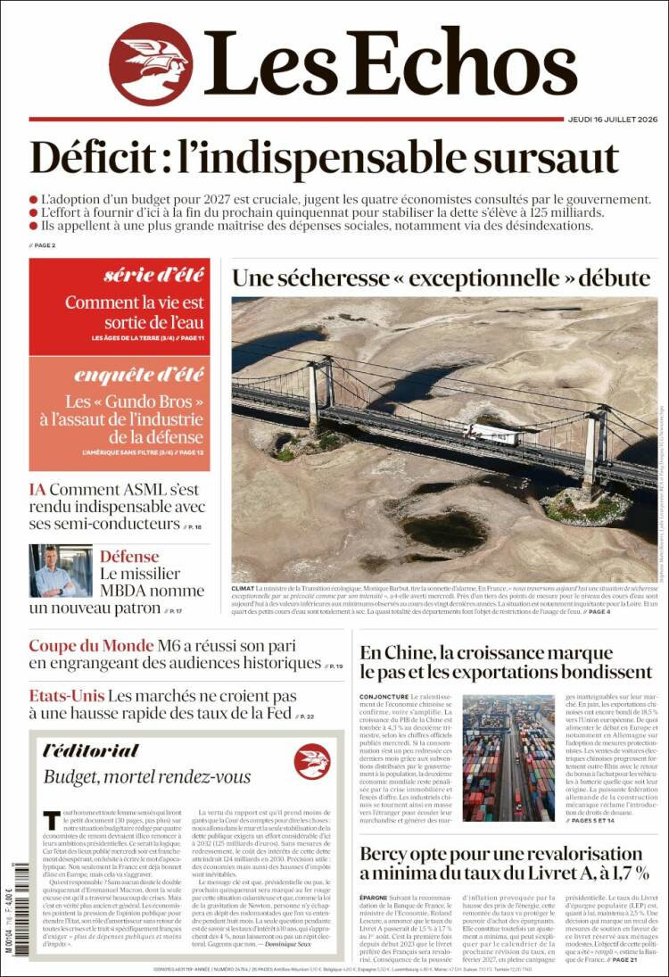 Portada de Les Echos (Francia)