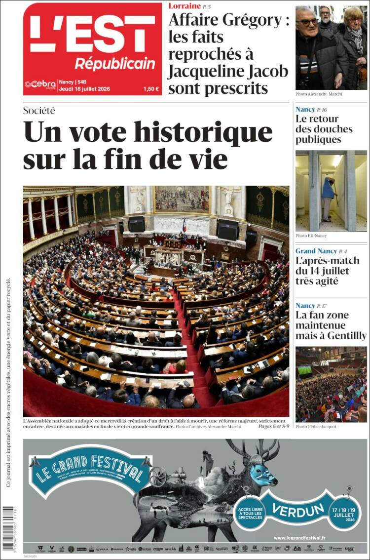 Portada de L'Est Republicain (Francia)