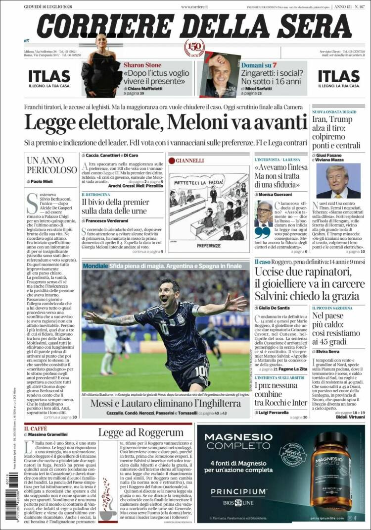 Portada de Corriere della Sera (Italia)