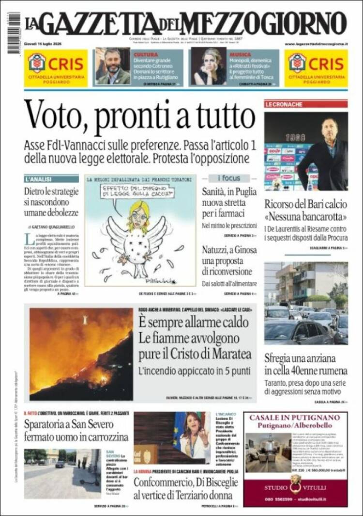 Portada de La Gazzetta del Mezzogiorno (Italia)
