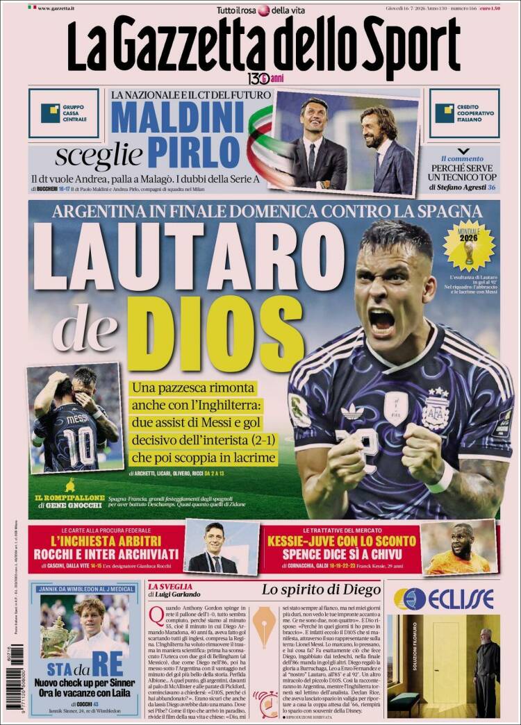 Portada de La Gazzetta dello Sport (Italia)