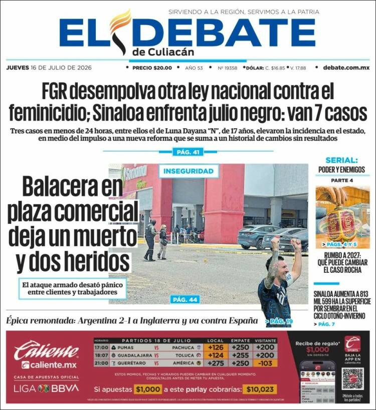 Portada de El Debate de Culiacán (M&eacute;xico)