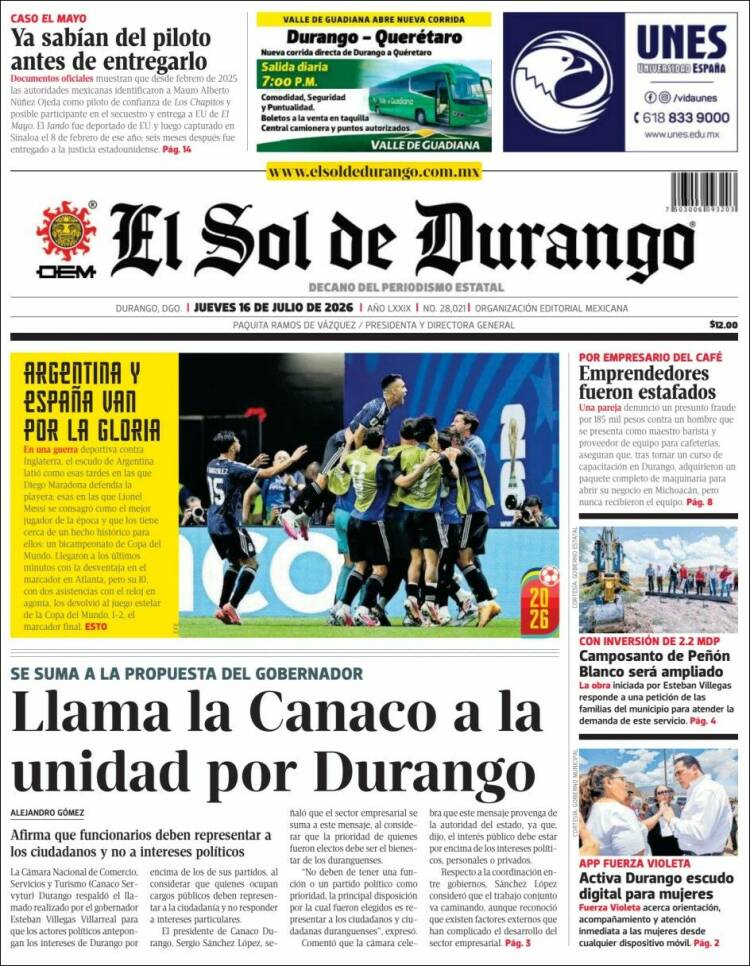 Portada de El Sol de Durango (M&eacute;xico)