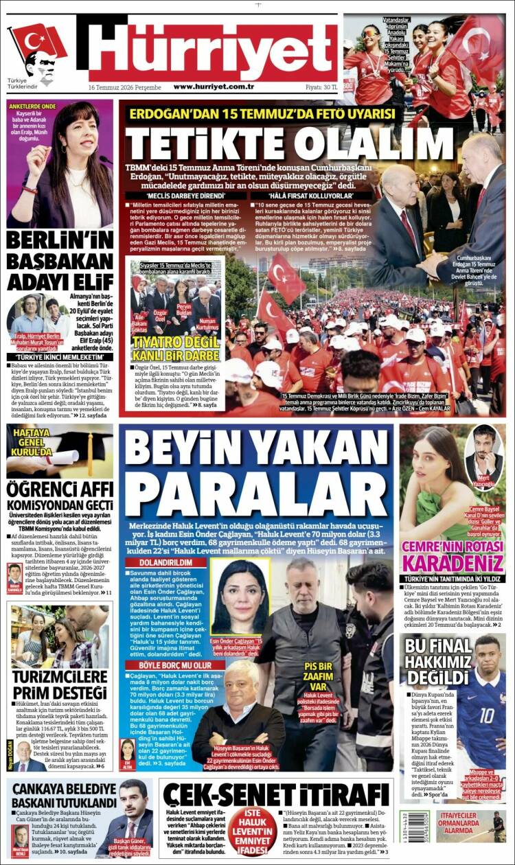 Portada de Hürriyet (Turqu&iacute;a)