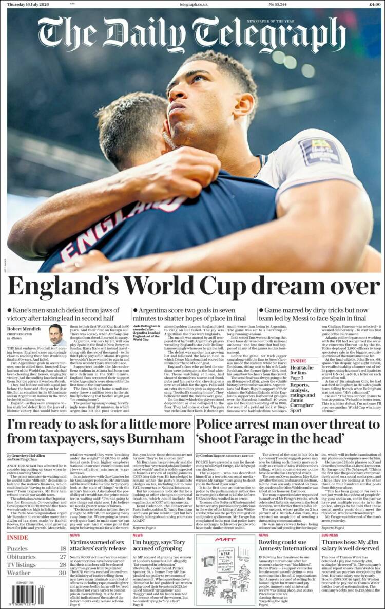 Portada de Daily Telegraph (Reino Unido)