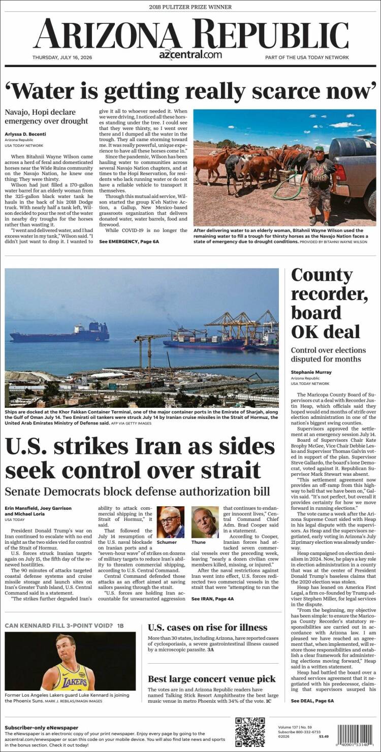 Portada de Arizona Republic News (USA)