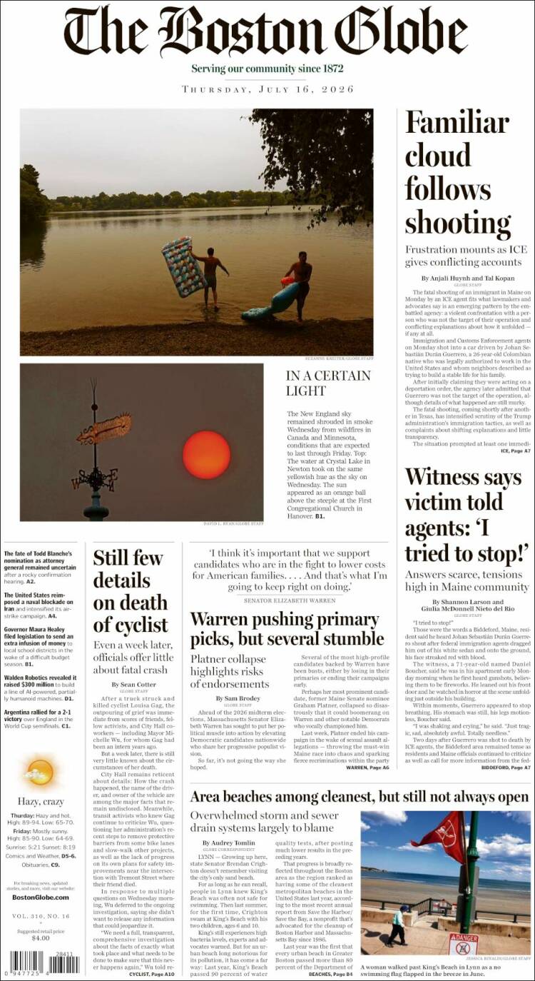 Portada de Boston Globe (USA)