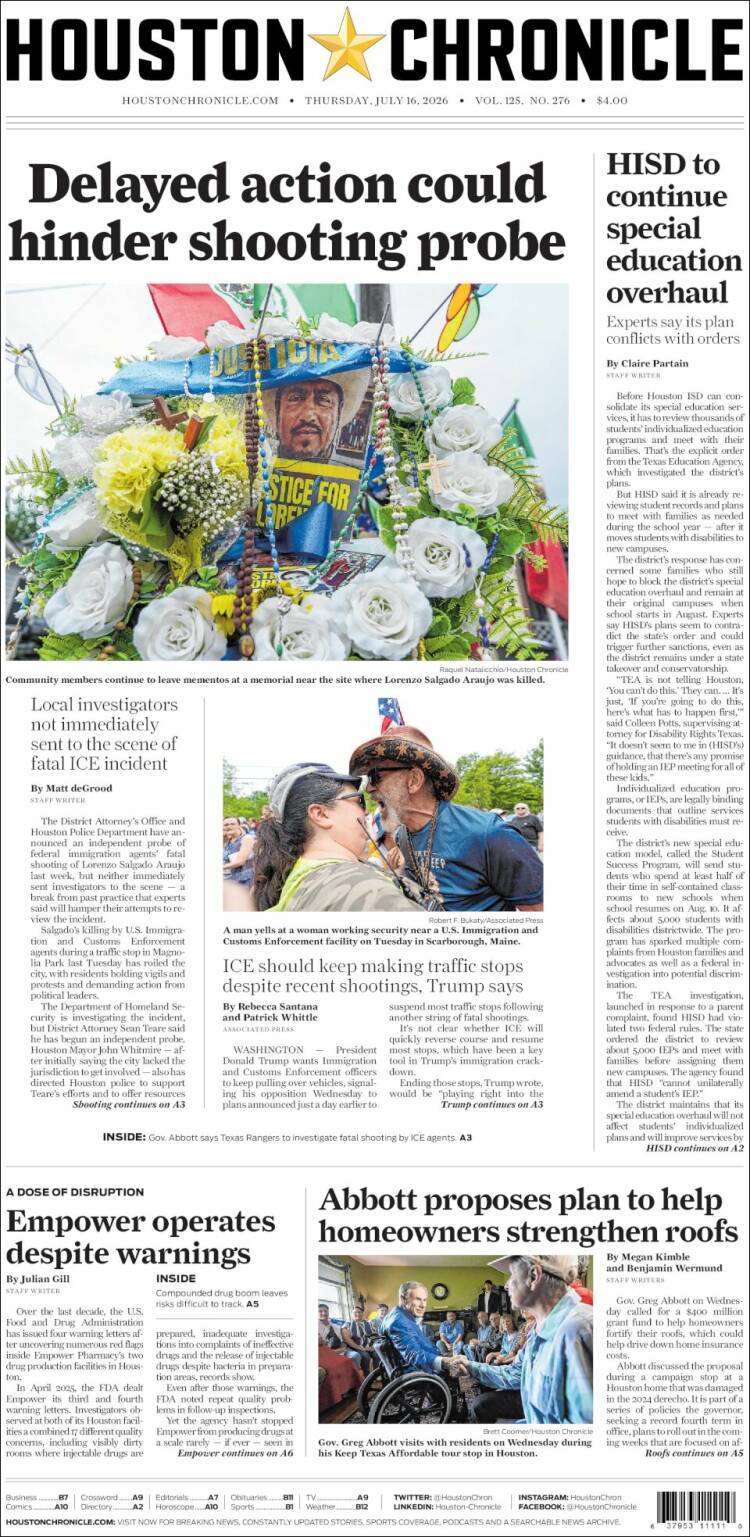 Portada de Houston Chronicle (USA)