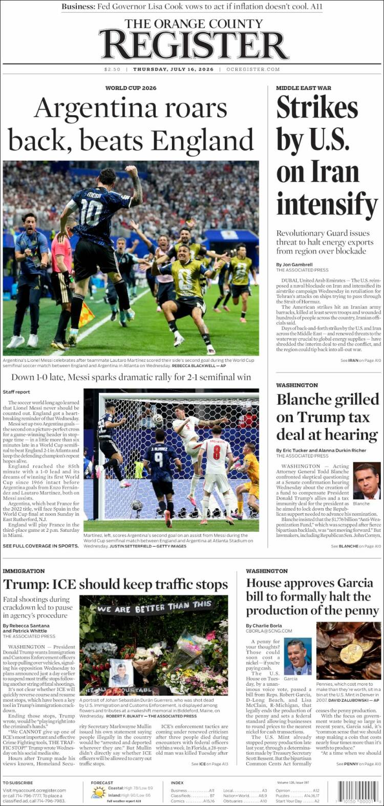 Portada de The Orange County Register (USA)