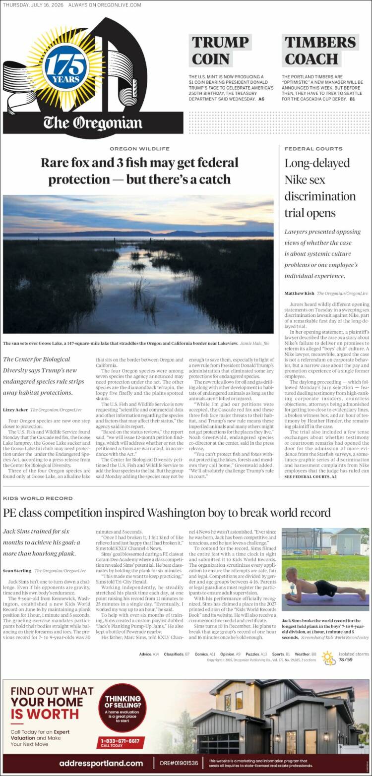 Portada de The Oregonian (USA)