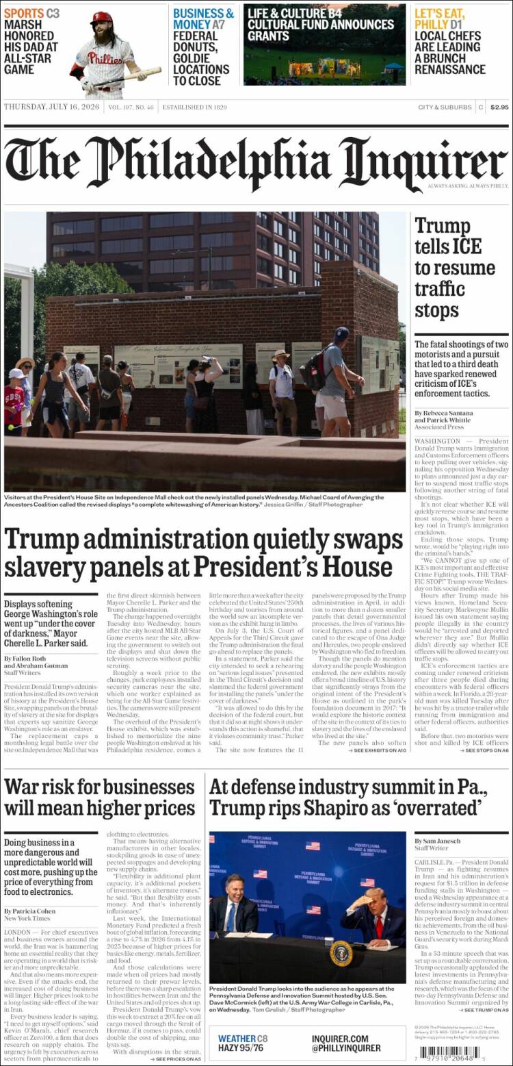 Portada de Philadelphia Inquirer (USA)