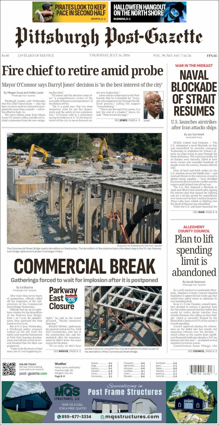 Portada de Pittsburgh Post-Gazette (USA)