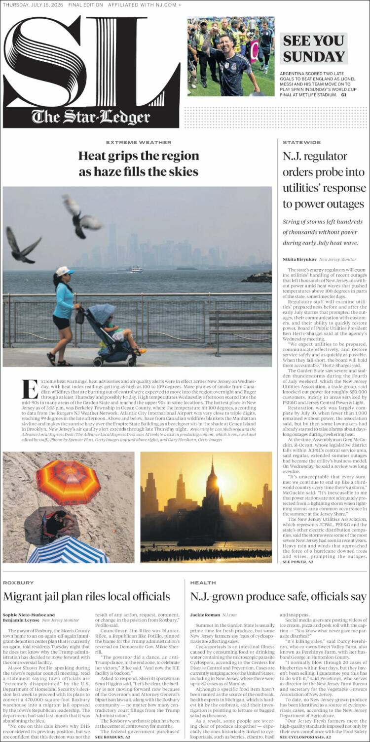 Portada de Star-Ledger (USA)
