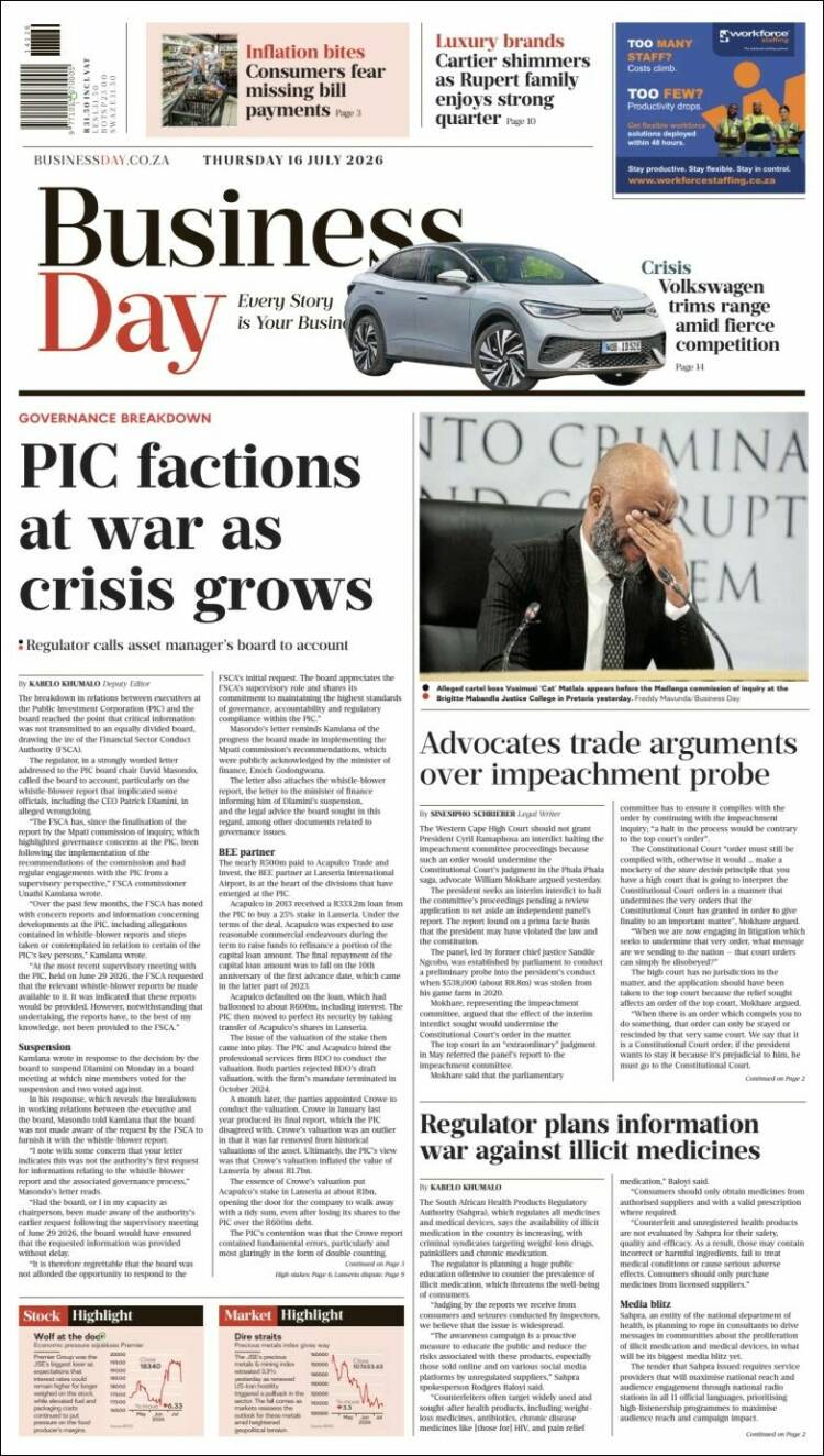 Portada de Business Day (Sud&aacute;frica)