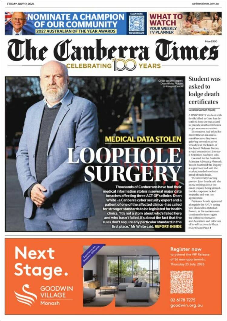 Portada de The Canberra Times (Australia)