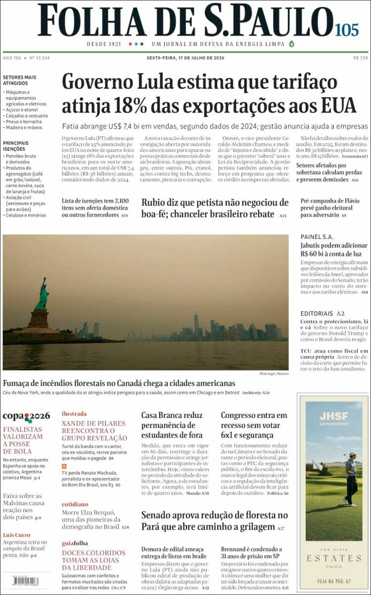 Portada de Folha de São Paulo (Brasil)