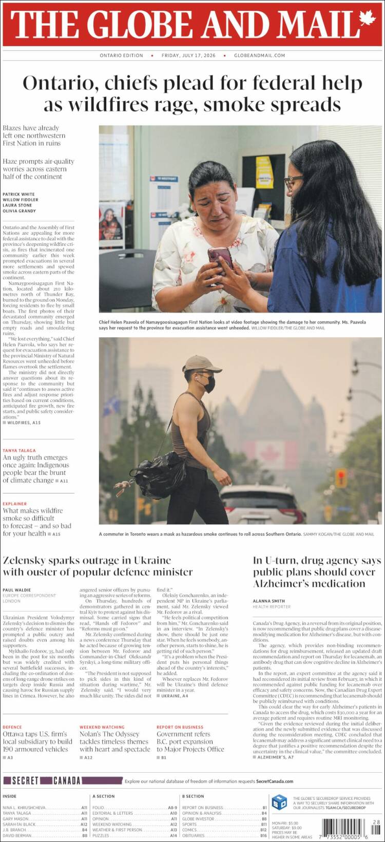 Portada de The Globe and Mail (Canad&aacute;)