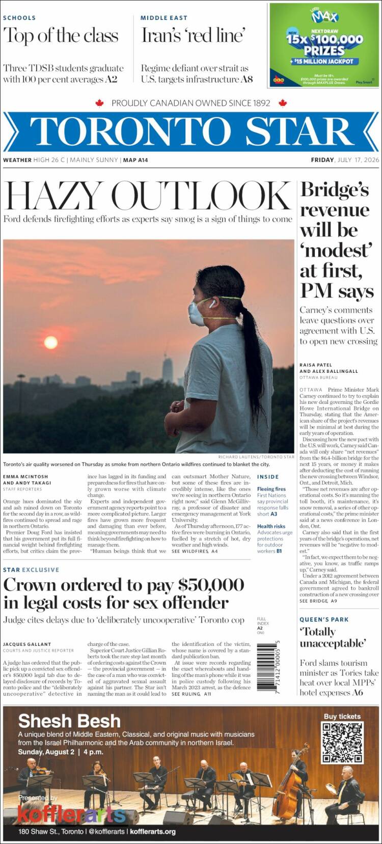 Portada de The Toronto Star (Canad&aacute;)