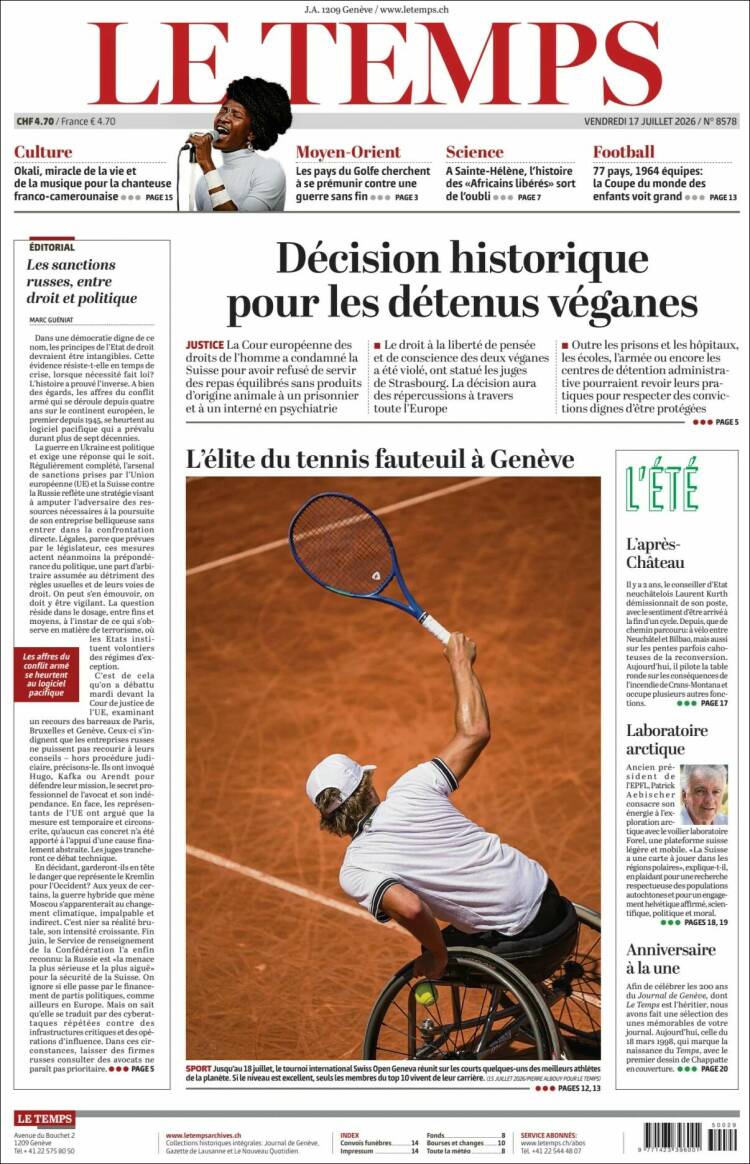 Portada de Le Matin (Suiza)