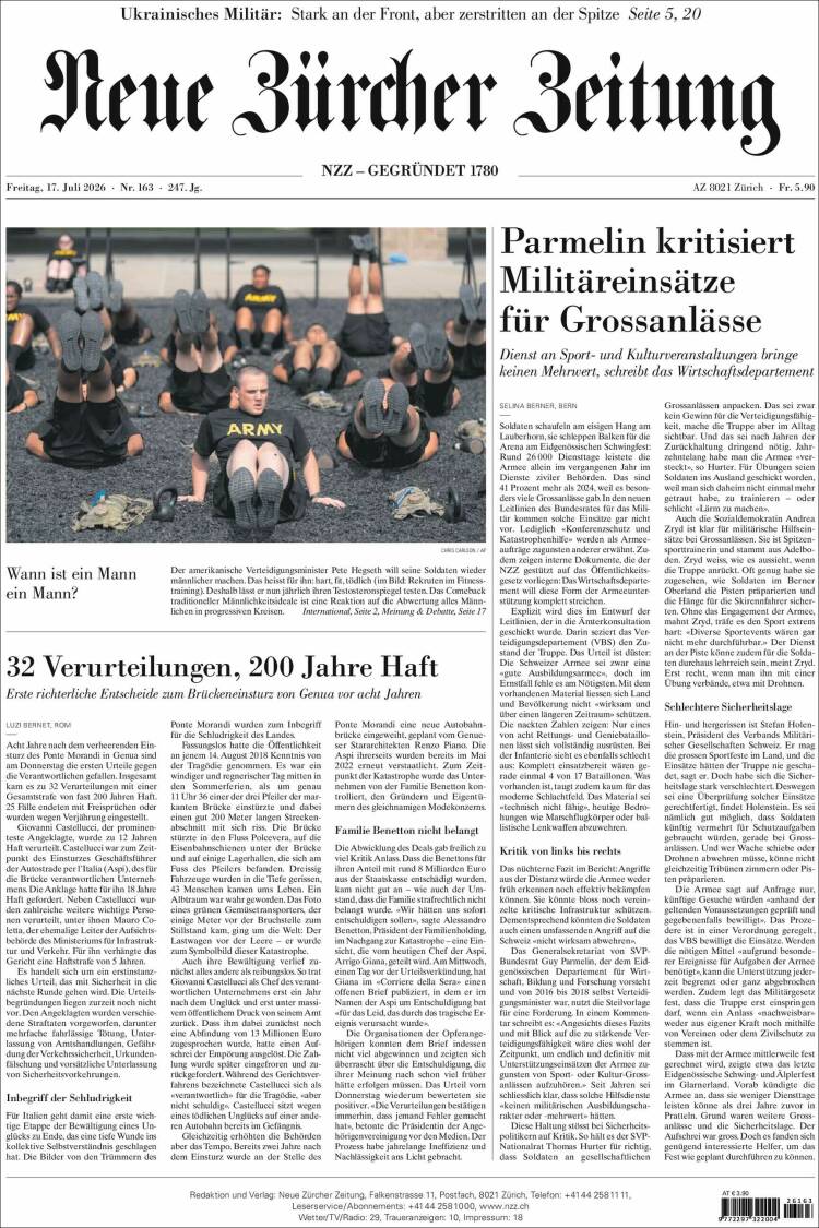 Portada de Neue Zürcher Zeitung (Suiza)