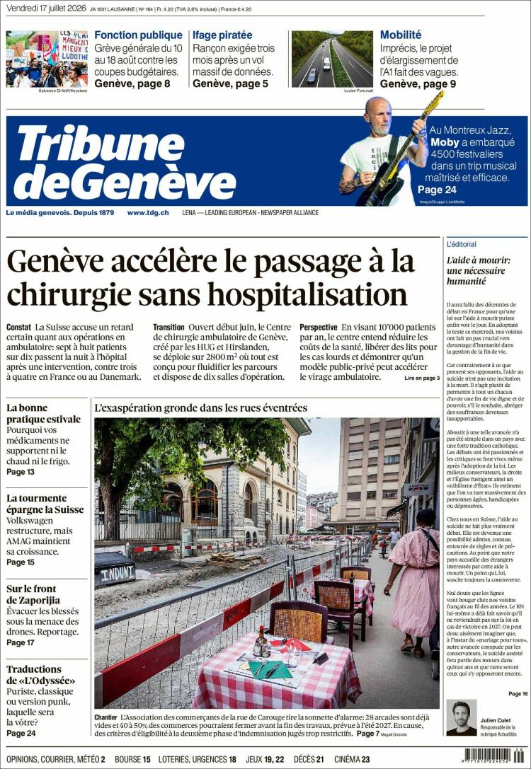 Portada de La Tribune de Genève (Suiza)