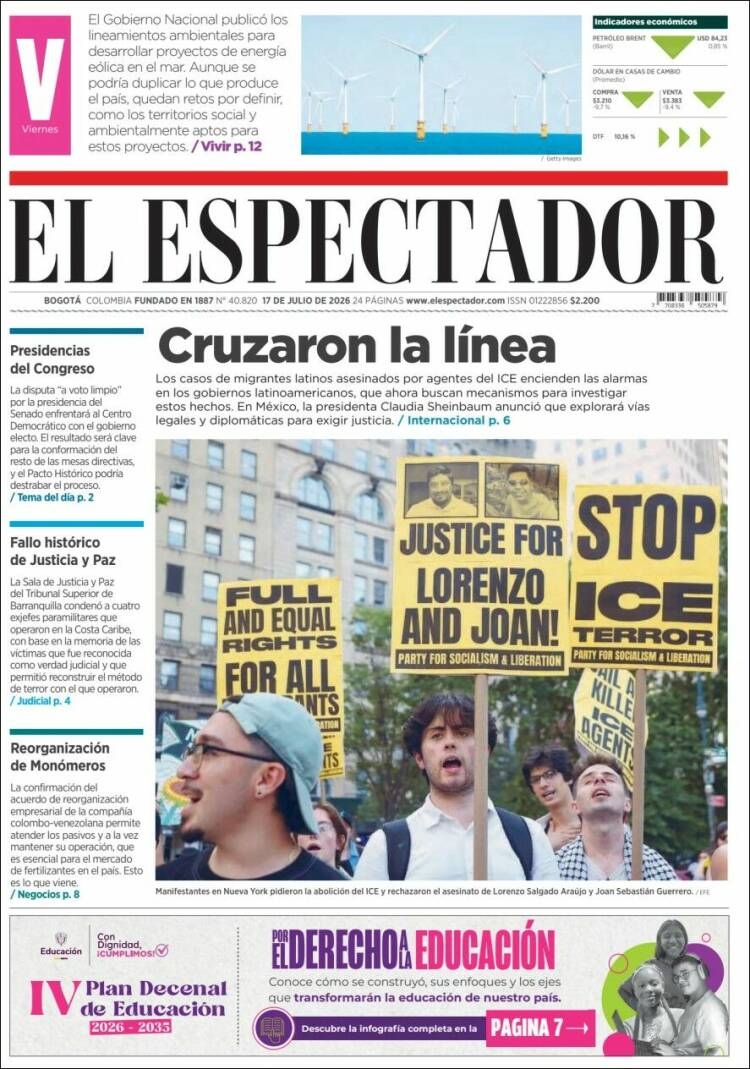 Portada de El Espectador (Colombia)