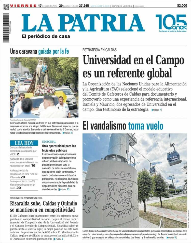 Portada de La Patria (Colombia)