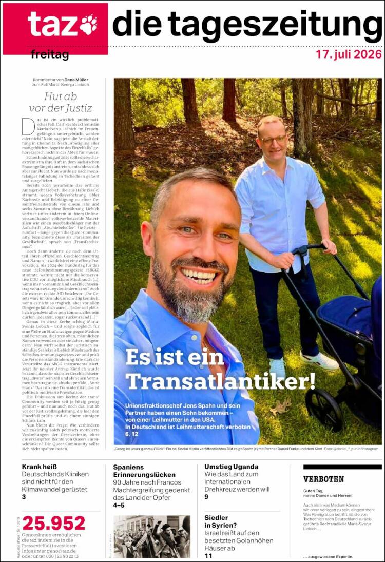 Portada de Die Tageszeitung (Alemania)