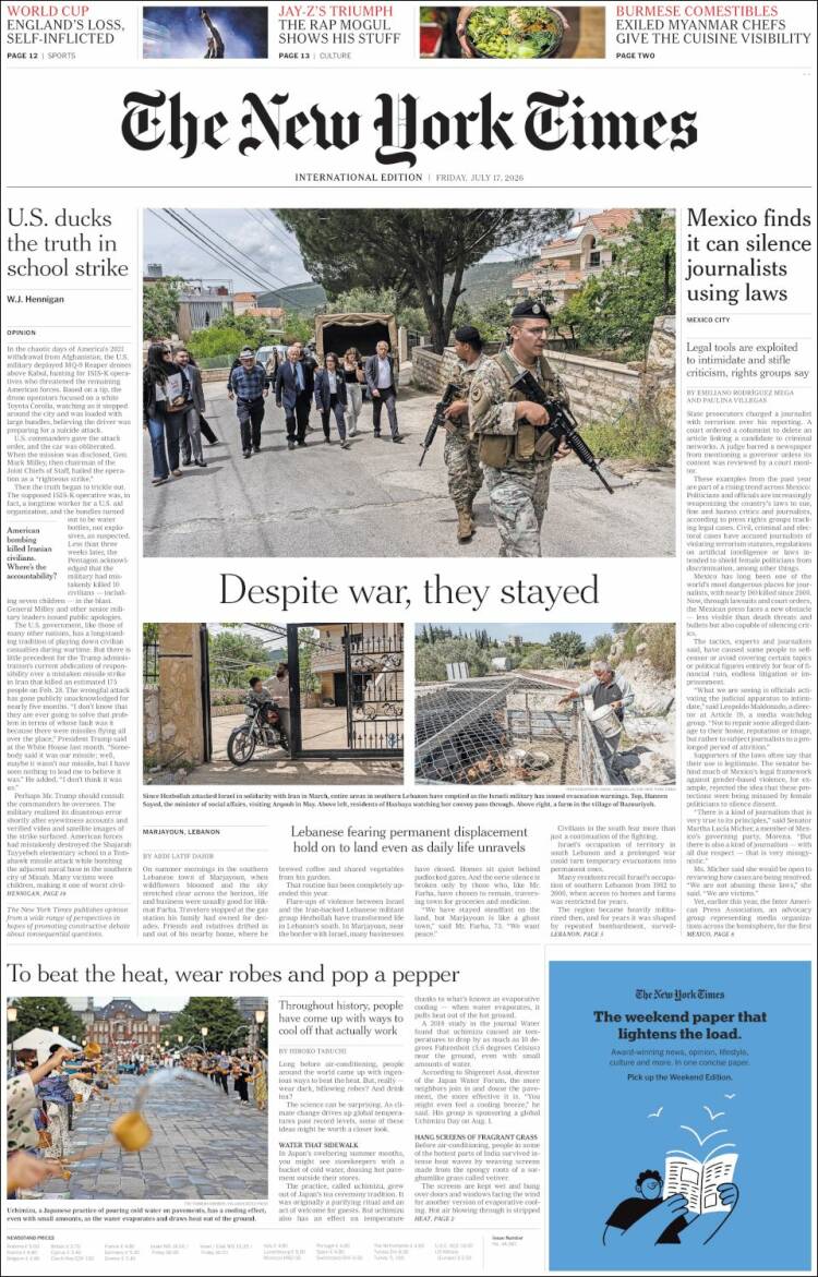 Portada de International New York Times (Europa)