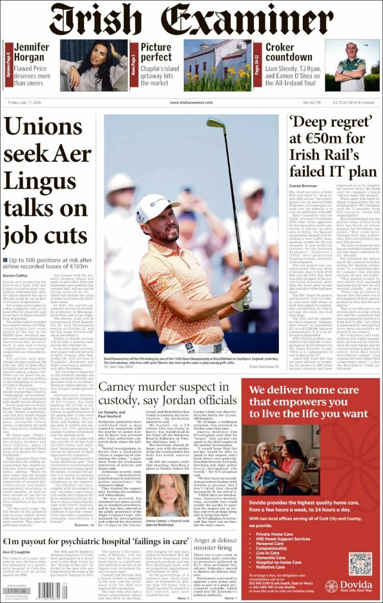 Portada de Irish Examiner (Irlanda)