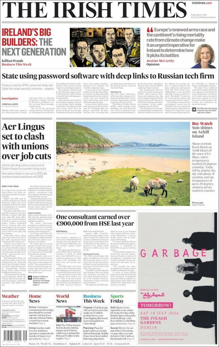 Portada de Irish Times (Irlanda)