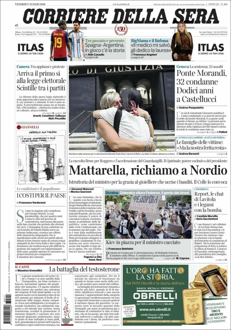 Portada de Corriere della Sera (Italia)