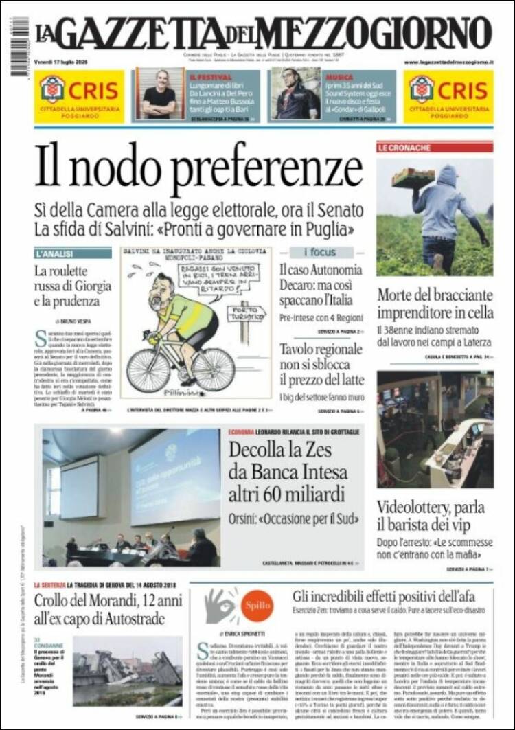 Portada de La Gazzetta del Mezzogiorno (Italia)
