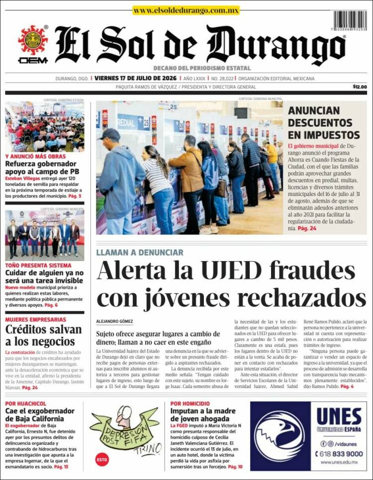 Portada de El Sol de Durango (M&eacute;xico)