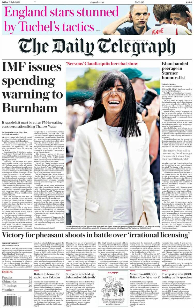 Portada de Daily Telegraph (Reino Unido)