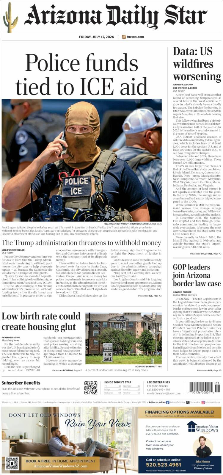Portada de Arizona Daily Star (USA)