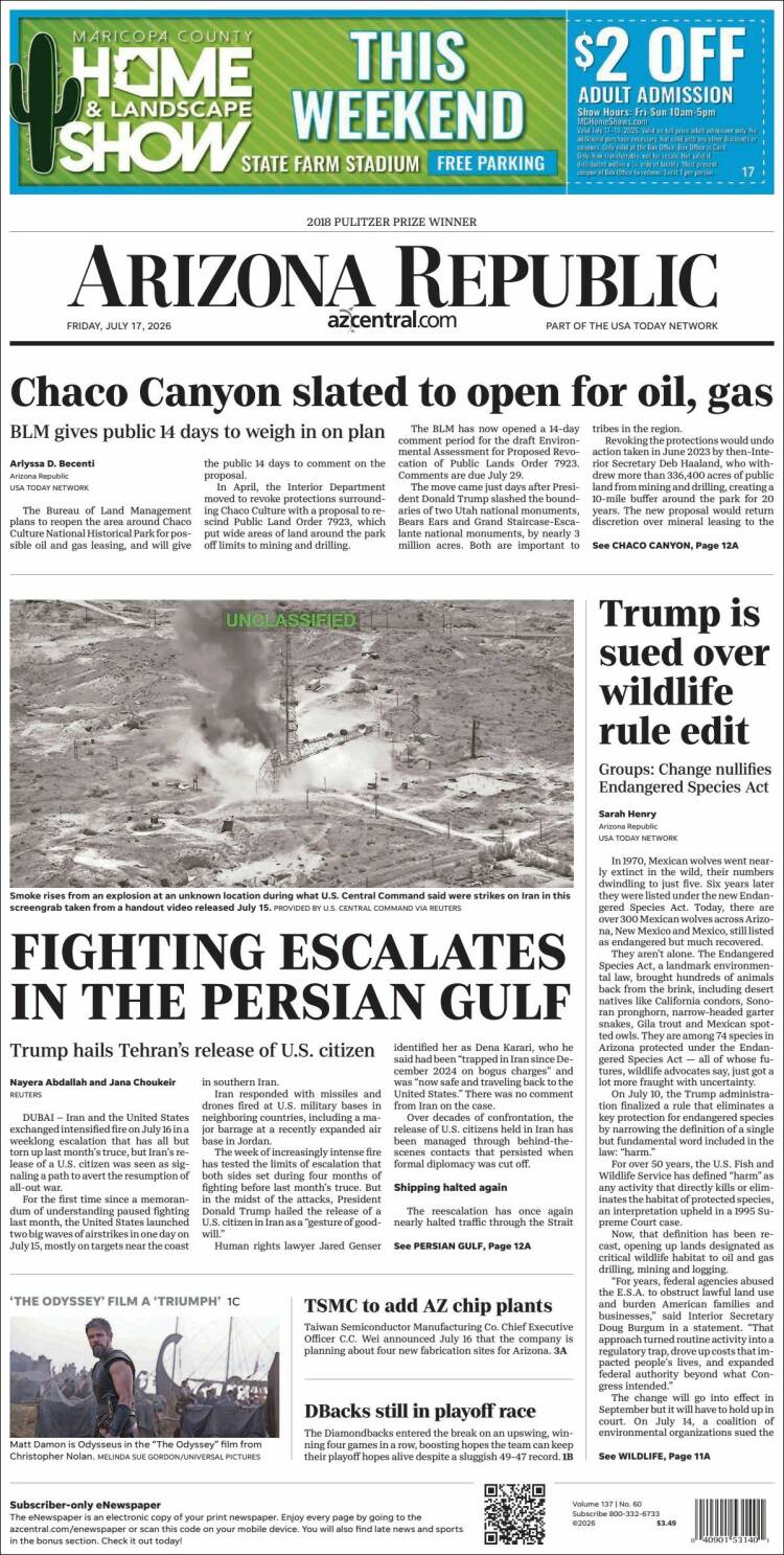 Portada de Arizona Republic News (USA)
